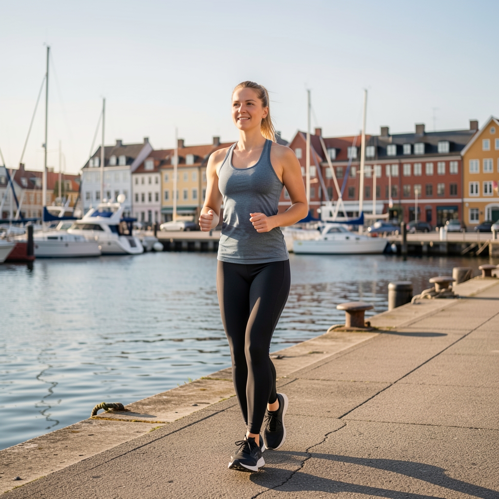 Aktiv person i daglig bevægelsesrutine ved havnefront i dansk vinterlys